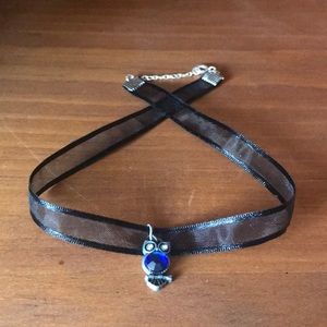 Owl Pendant Black Ribbon Choker -14.5 adjustable